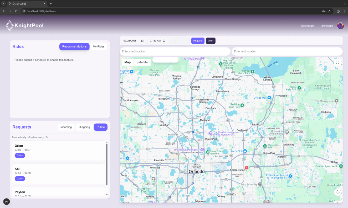 The ridesharing app from ShellHacks. I focused on the backend logic and API design.